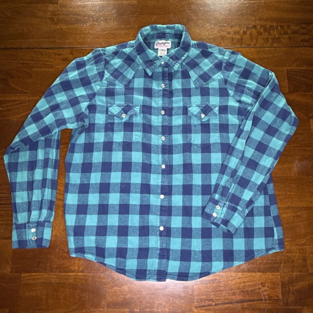 Wrangler Shirt Womens XLarge Blue Plaid Flannel Western Pearl Snap Long Sleeve